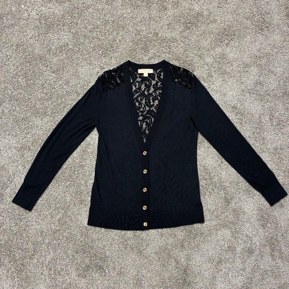 Michael Michael Kors Lace Back Cardigan Women’s S Navy Gold Button Dark Romantic